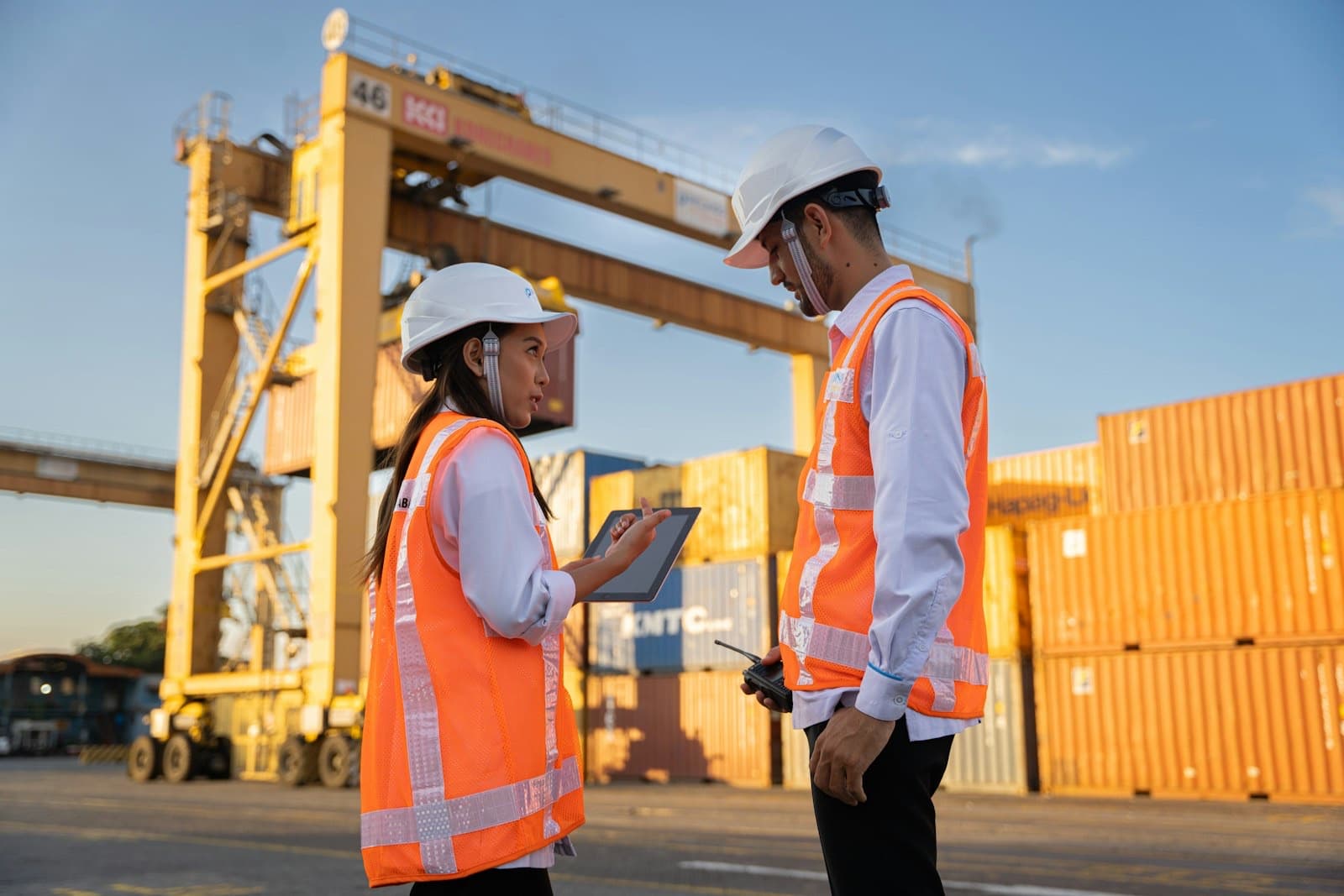 Workers checking stock at a busy trade and logistics yard