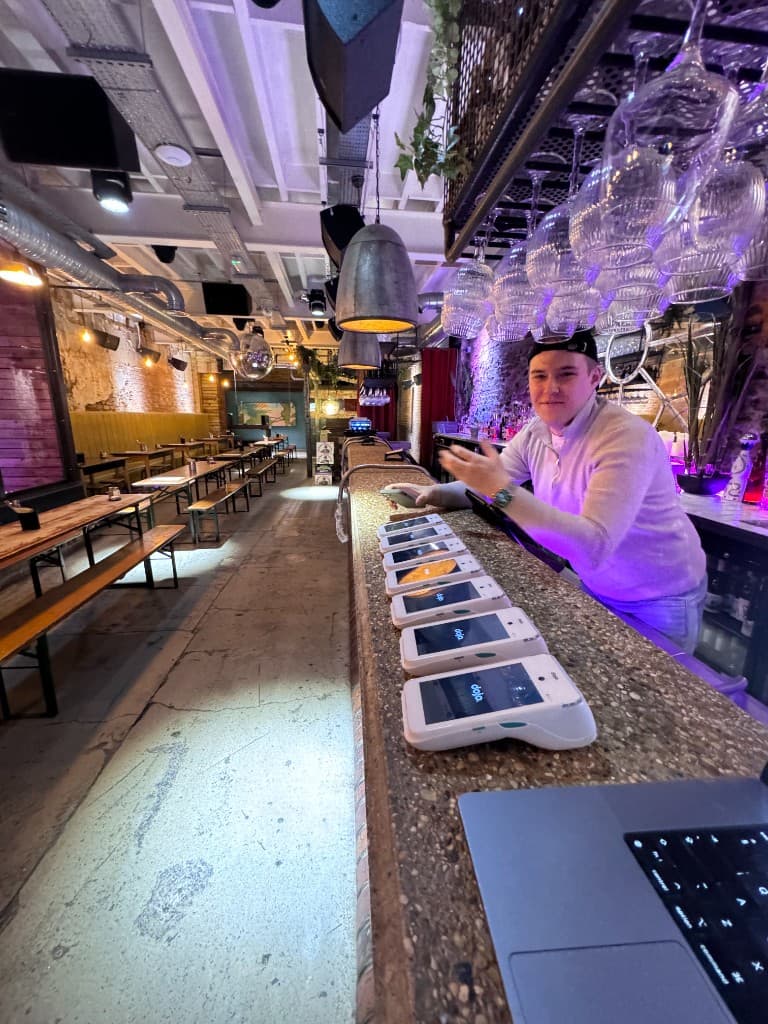 Alex and staff at Green Room Leeds with Dojo terminal